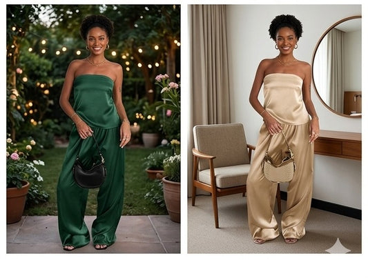 Satin Sleeveless Backless Women's Lace-Up Crop Top + Wide Leg Pants Solid Color 2-Piece Set