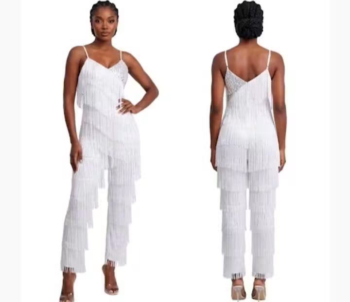 Sequined Tassel Fringe Design Sleeveless V-Neck Women's Formal Dance Jumpsuit