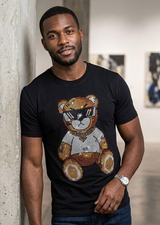 Men's Rhinestone Hip-Hop Teddy Bear Print O-Neck Short Sleeve T-Shirt