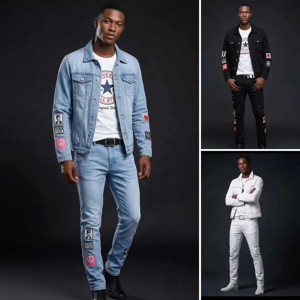 Men's Washed Denim Solid/Peace Sign Patch Design Jean Jacket + Ruched Skinny Jeans 2-Piece Set to 3X Big & Tall