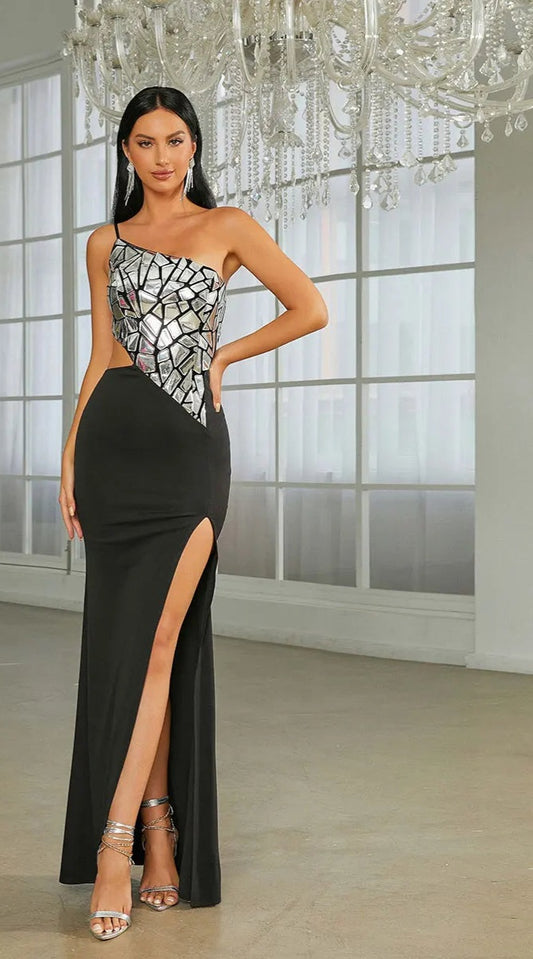 Metallic Silver/Black Asymmetrical Geometric Sequin Cut-Out High Slit Party/Prom Formal Floor-Length Dress