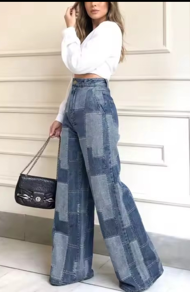 Denim Women's Colorblock Checker Print Streetwear Wide Leg Loose High Waist Trouser Jeans