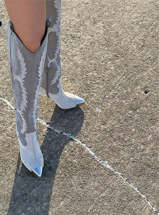 Western Embroidered Rhinestone Embellished Women's Over-the-Knee Pointed Toe Thigh High Boots