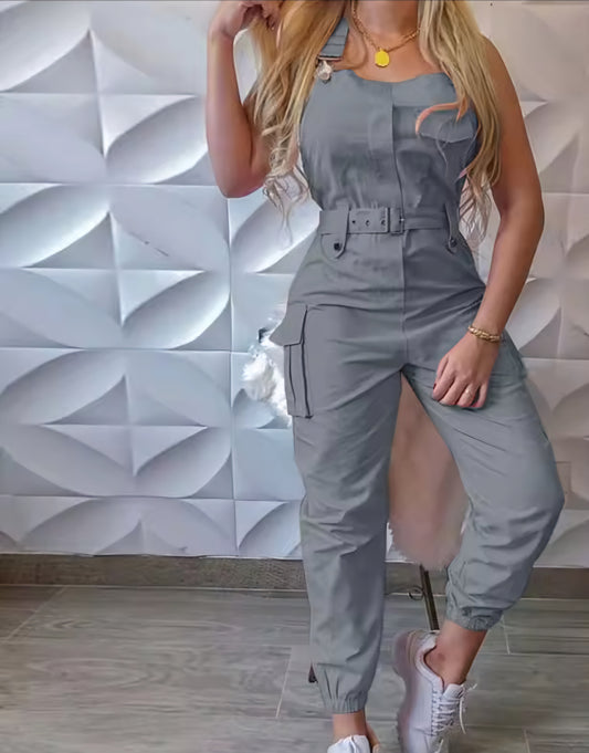 Sleeveless Solid Color Belted Women's Cargo Pocketed Overall Jumpsuit to 3X Plus Size