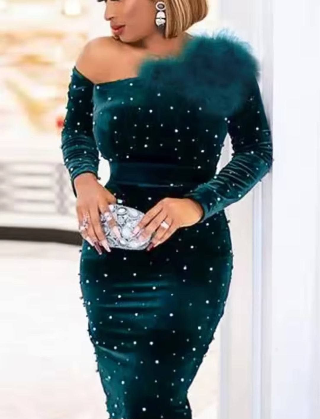 Velvet Asymmetrical Rhinestone Dark Green Feather Sequin Detail One Shoulder Long Sleeve Bodycon Formal Party/Prom Maxi Dress to 4X Plus Size