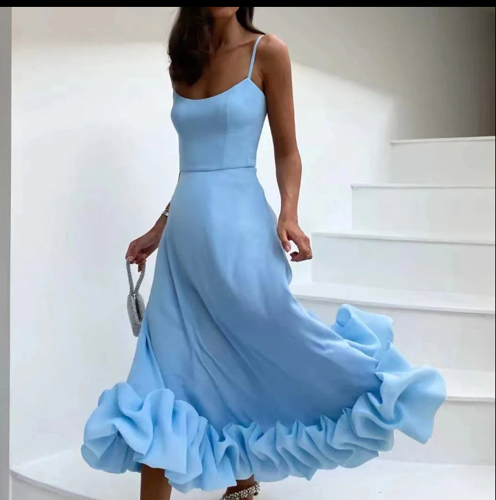 Ruffled Sleeveless Flower Hem Design Spaghetti Strap Flounce Bustier Fishtail Maxi Dress