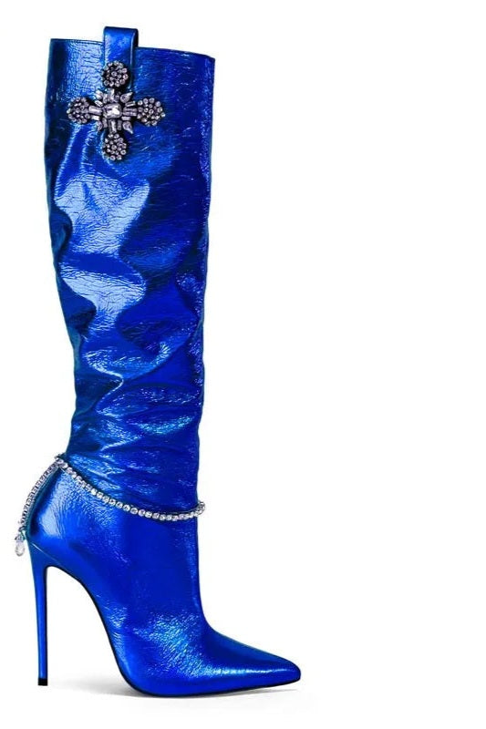Crystal Rhinestone Cross Pendant Design Women's Pointed Toe High Heel Knee-High Boots