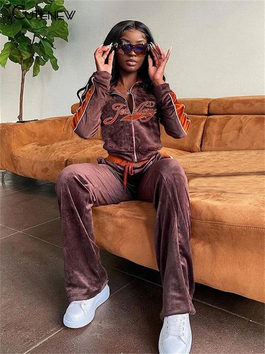 "Jewellry" Print Velvet Women's Zipper Jacket + Side Striped Sweatpants Tracksuit