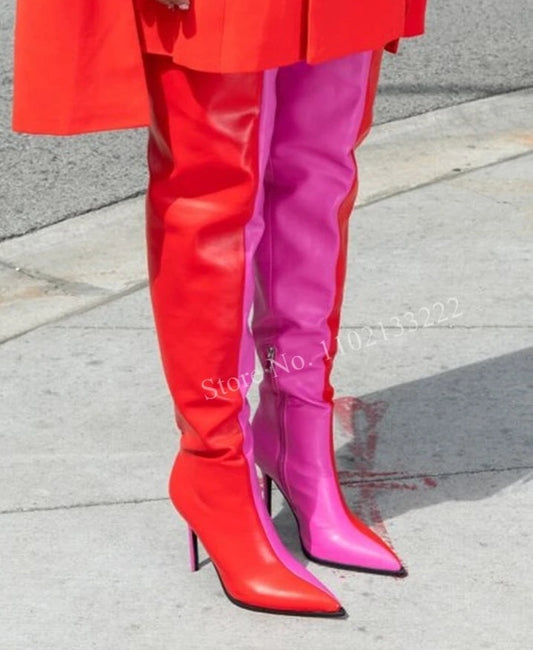 Colorblock Women's 2-Tone Stiletto Heel Over-the-Knee Pointed Toe Side Zipper Boots