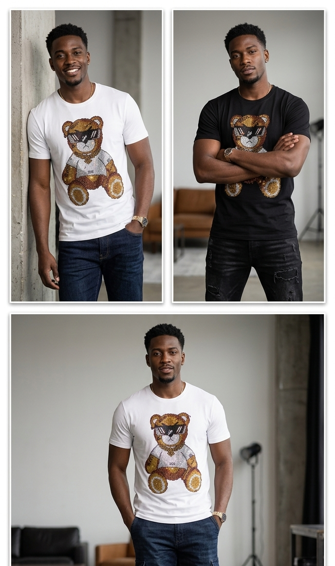 Men's Rhinestone Hip-Hop Teddy Bear Print O-Neck Short Sleeve T-Shirt