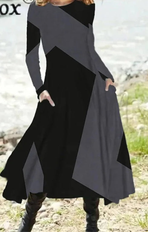 Colorblock Big Hem Geometric 3D Print O-Neck Pullover Dress to 5X Plus Size