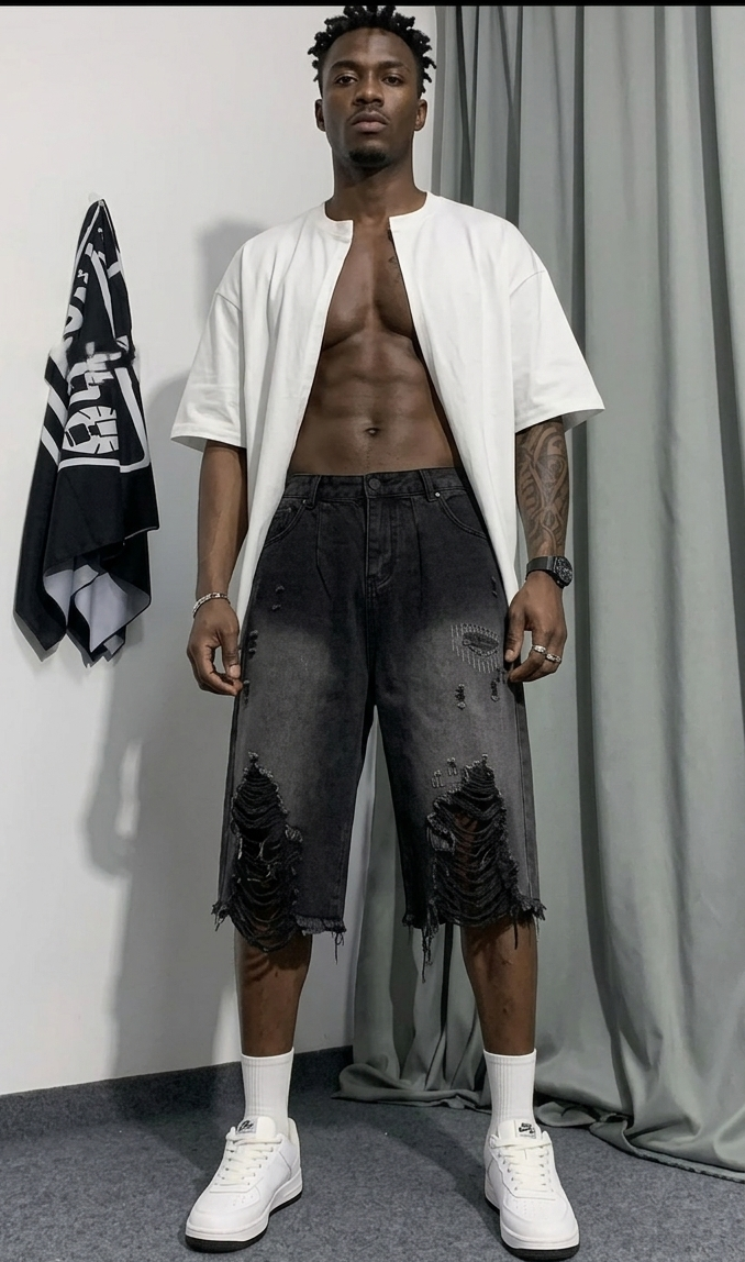 Men's Faded Denim Black Colorblock Hip-Hop Wide Leg Ripped Tassel Fringe Design Knee Length Jean Shorts