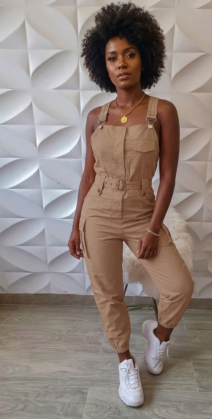 Sleeveless Solid Color Belted Women's Cargo Pocketed Overall Jumpsuit to 3X Plus Size