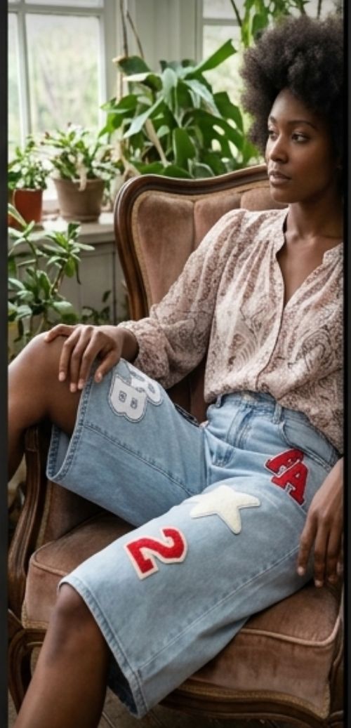 Varsity Style Embroidered Hip-Hop Streetwear Women's Knee Length Jean Shorts