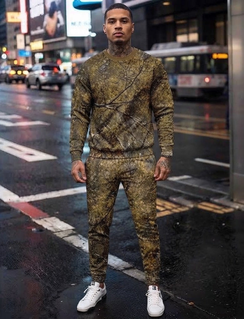 Men's Camo Geometric Fall Leaf Print O-Neck Long Sleeve Sweatshirt + Skinny Jogger Sweatpants Tracksuit to 6X Big & Tall