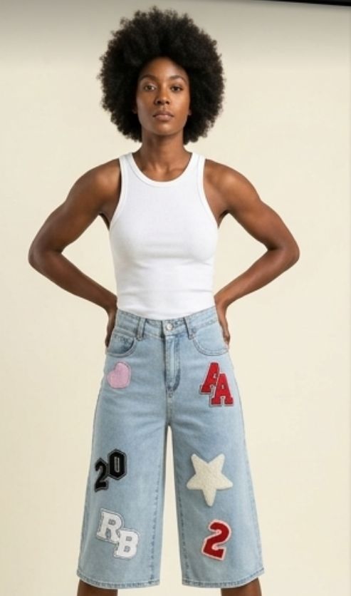 Varsity Style Embroidered Hip-Hop Streetwear Women's Knee Length Jean Shorts