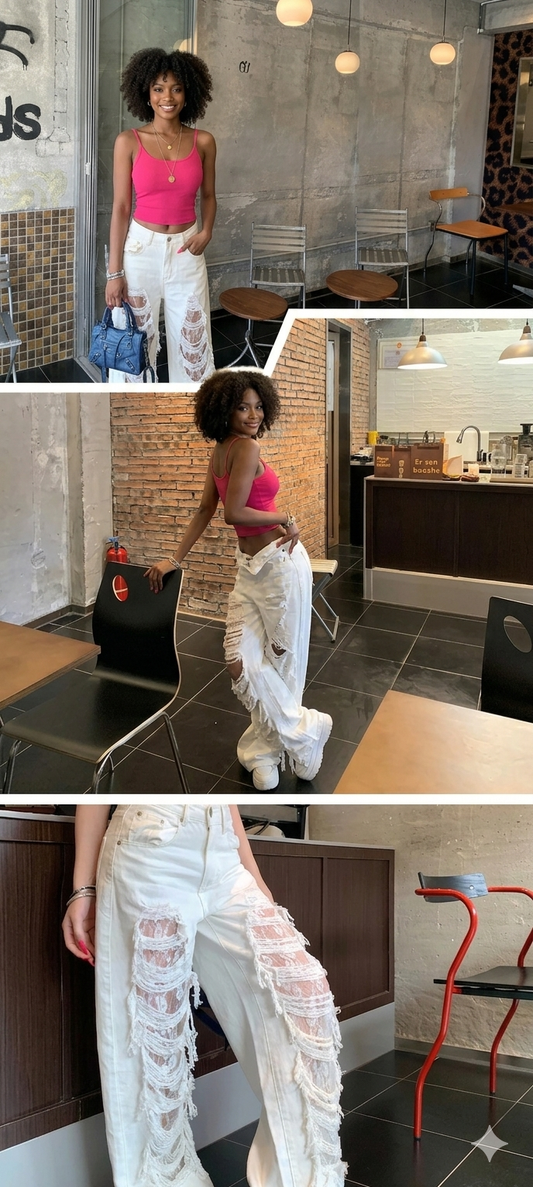 White Ripped Lace Fringe Hollow-Out Design Wide Leg Women's Hip-Hop Streetwear Jeans