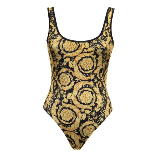 Backless Vintage Designer Black/Gold Women's One-Piece Swimsuit & Matching Sarong Skirt 2-Piece Swimwear Set