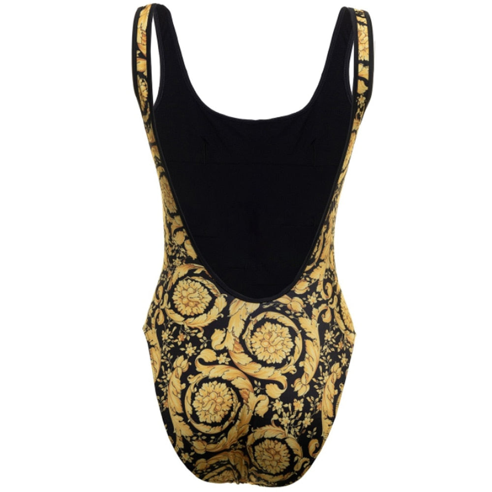 Backless Vintage Designer Black/Gold Women's One-Piece Swimsuit & Matching Sarong Skirt 2-Piece Swimwear Set