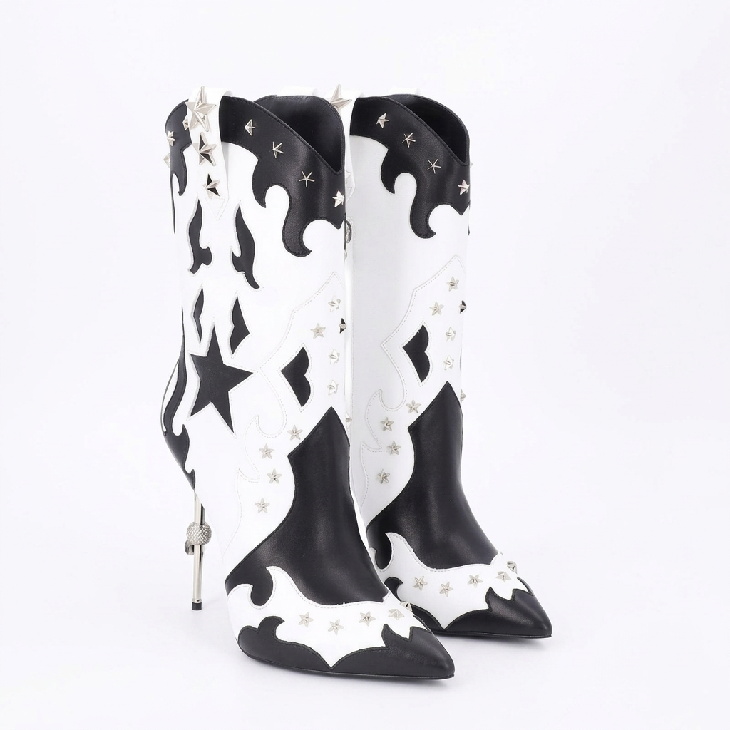 Star Flame Rivet/Tassel Fringe Design Pointed Toe Stiletto Heel Women's Metal Stiletto Heel Cowgirl Ankle Boots