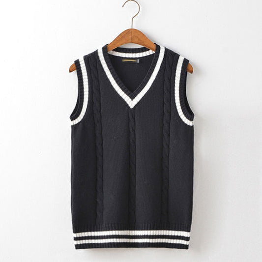 Men's English Velvet V-Neck Striped Prep Sweater Vest
