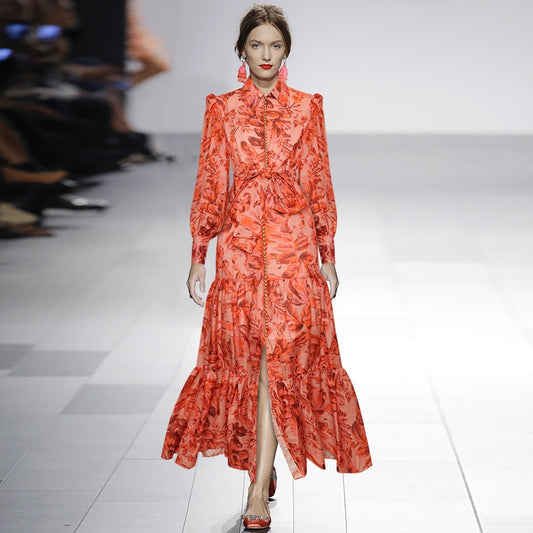 Designer Orange/Red Ruffled Floral Long Sleeve Maxi Dress