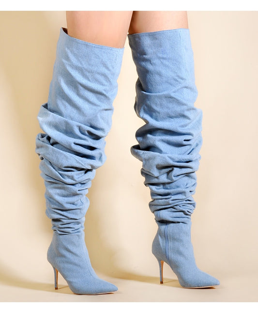 Slouched Plaid/Solid Thigh High Women's Ruched Over-the-Knee Stiletto Heel Boots
