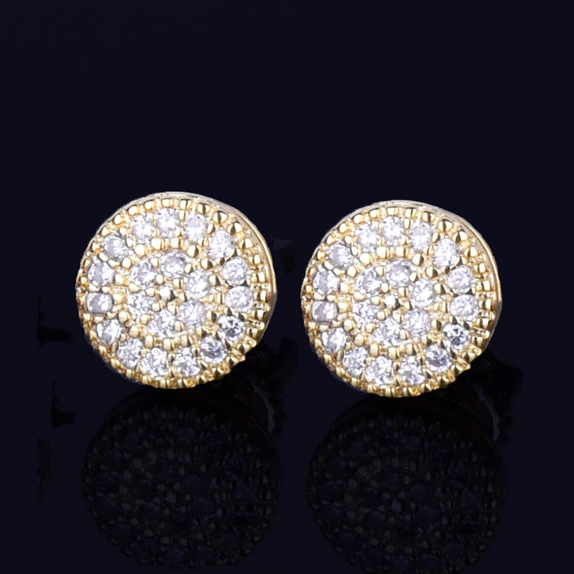 8MM Gold Color Small Round Stud Earring AAAA Cubic Zircon Screw Back Men Fashion Hip Hop Jewelry