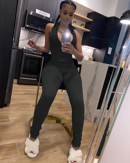 Halter Turn-Down Collar Ribbed Knitted Deep V-Neck Sleeveless Skinny Gym/Workout Fitness Jumpsuit