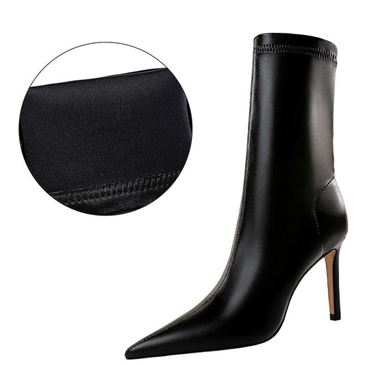 Solid Color Pointed Toe Women's Stiletto Heel Leather Ankle Boots