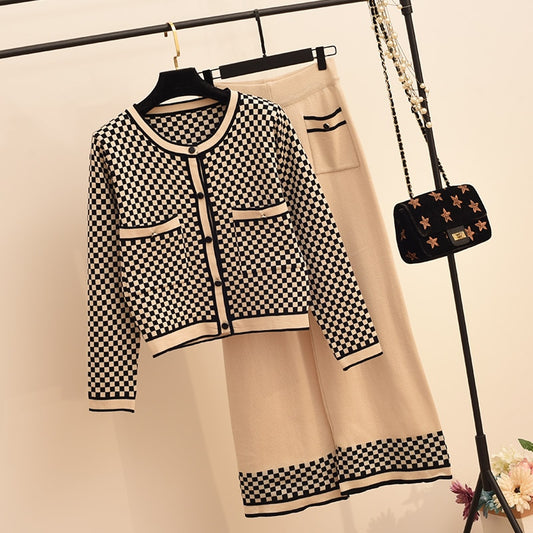 Checkered Women's Houndstooth Plaid Pocket Design O-Neck Cardigan Knitted Blazer + Contrast Hem Maxi Skirt Office Suit