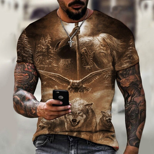 Men's Wolf Colorblock 3D Graphic Print Short Sleeve T-Shirt Big & Tall