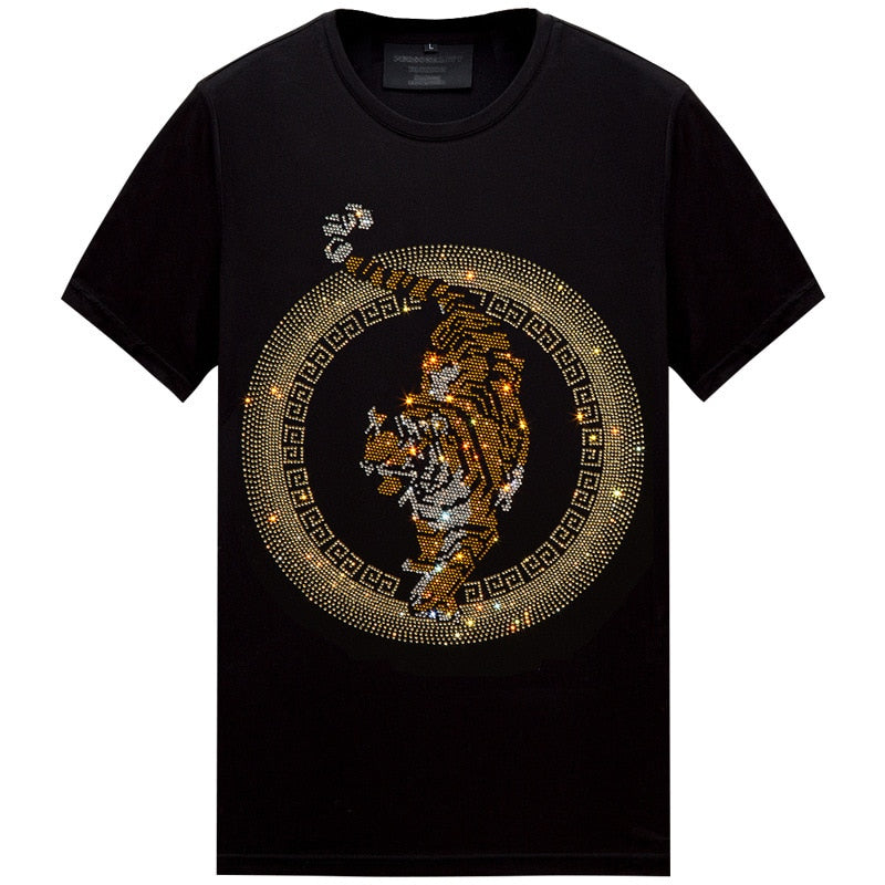 Men's Rhinestone Hip-Hop Tiger Print Short Sleeve Streetwear T-Shirt to 6X Big & Tall