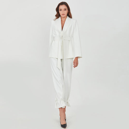 Women's Lapel Collar Long Sleeve Belt Blazer w/ High Waist Adjustable Pants