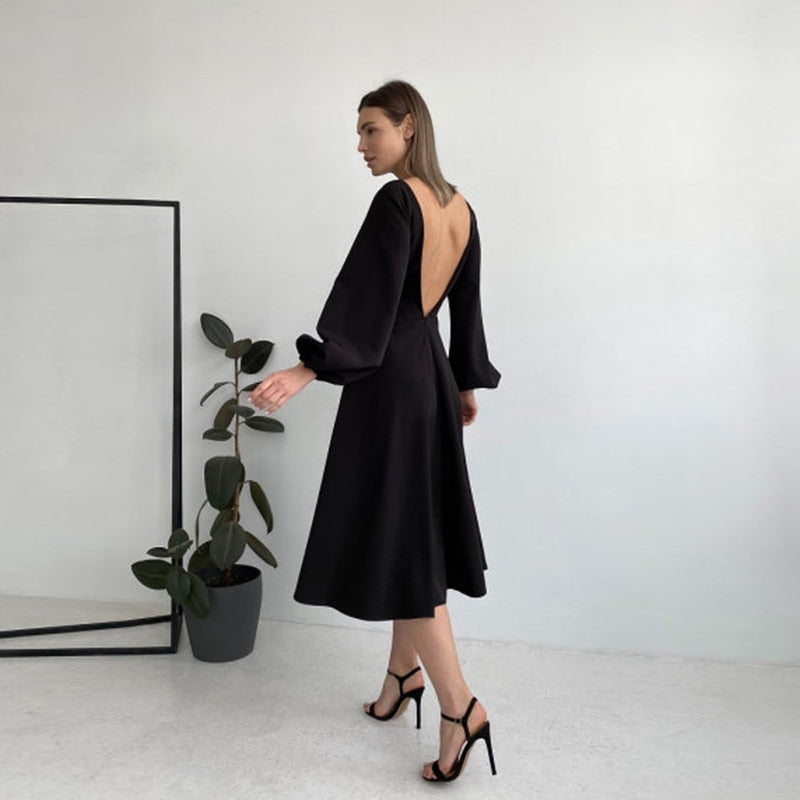 Backless Lantern Sleeve O-Neck Lantern Sleeve Solid Color A-Line Dress