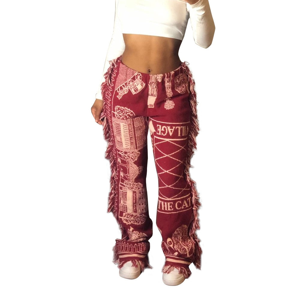 Tassel Fringe Design Floral Geometric Multi-Colored Print Patchwork Elastic Waist Women's Pants