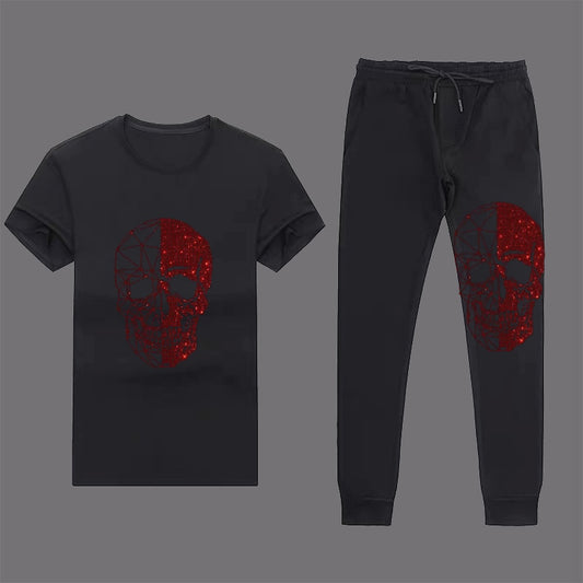 Men's Hip-Hop Rhinestone Skull Head Short Sleeve T-Shirt Pure Cotton O-Neck Top & Drawstring Sweatpants 2-Piece Set