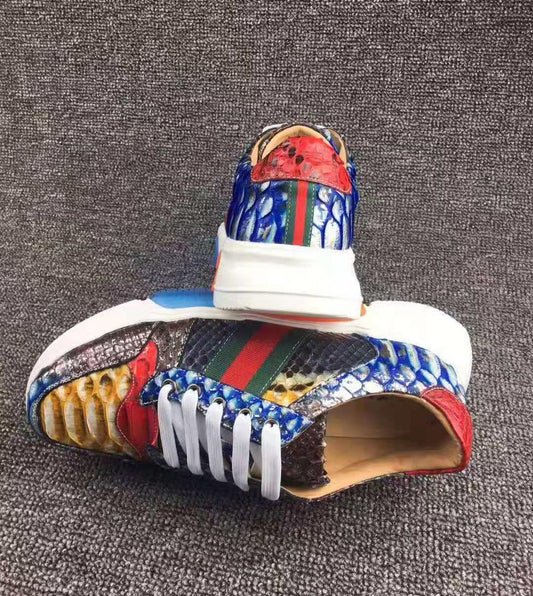 Genuine Real Python Skin Colorful Snakeskin Cow Skin Lined Men's Sneakers