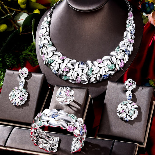 Formal Zircon Crystal Dubai Bridal Jewelry 4 Piece Set: Matching Choker Necklace, Earrings, Ring & Bracelet