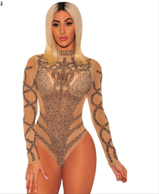 Black/Gold Crystal Rhinestone Mesh Turtleneck Long Sleeve Women's Sheer Bodysuit