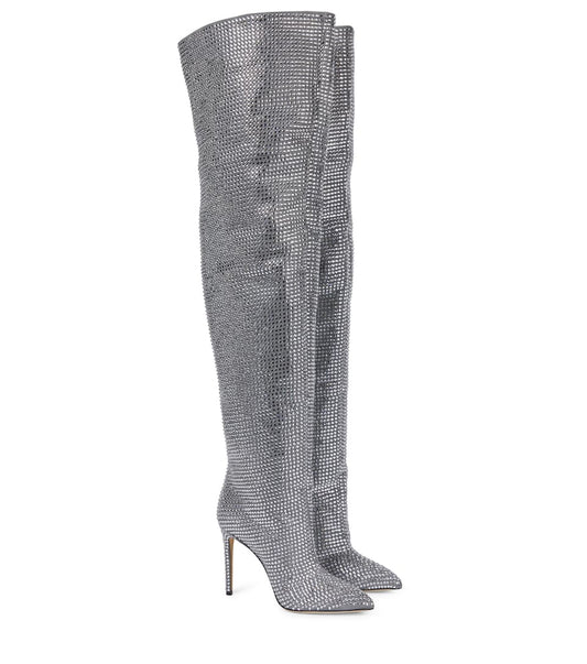 Crystal Rhinestone Silver Metallic Embellished Women's Over-the-Knee Thin Heel Boots