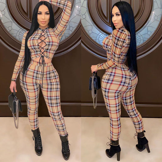 Plaid Print Lace-Up Long Sleeve Women's Eyelet Strap Crop Top Skin Tight Leggings Tracksuit