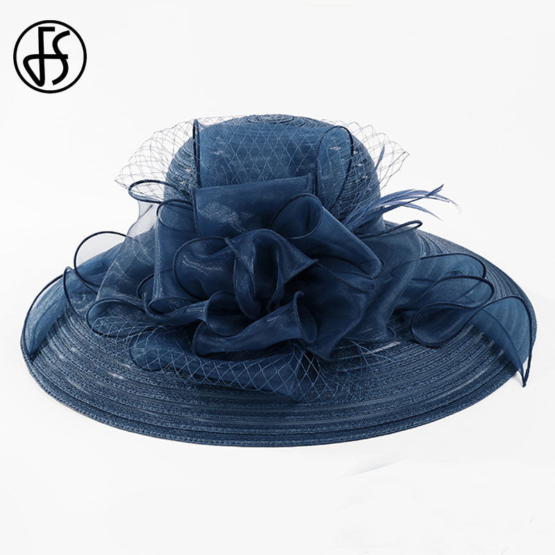 Large Floral Brim Organza Derby Fedora Hat