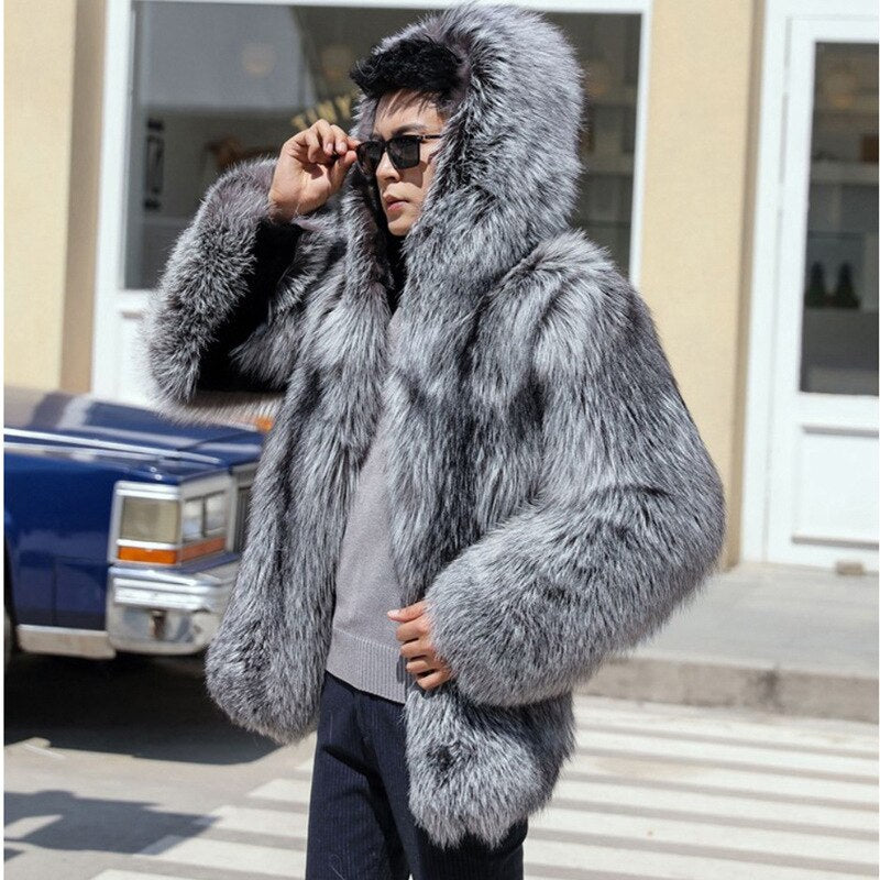 Men's Silver/Grey Hooded Mandarin Collar Faux Fox Fur Winter Jacket Big & Tall