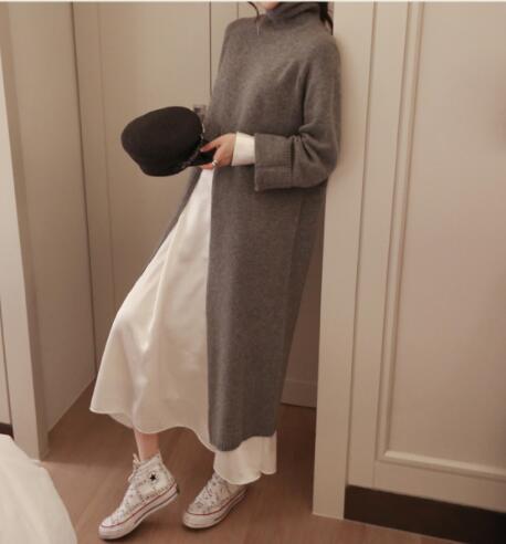 Turtleneck Solid Color Long Sleeve High Slit Women's Maxi Sweater