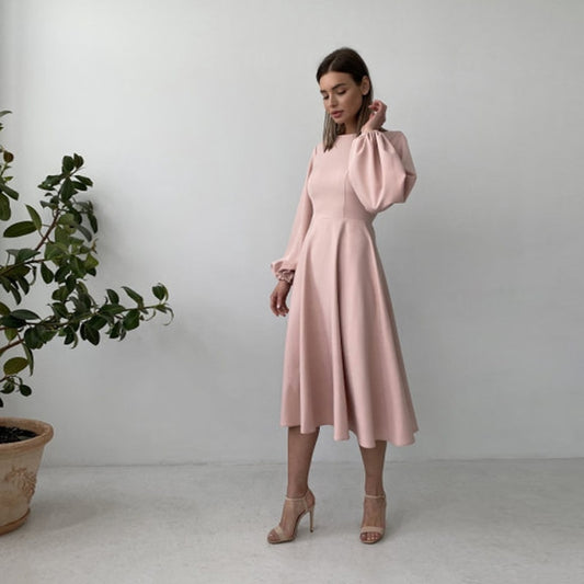 Backless Lantern Sleeve O-Neck Lantern Sleeve Solid Color A-Line Dress