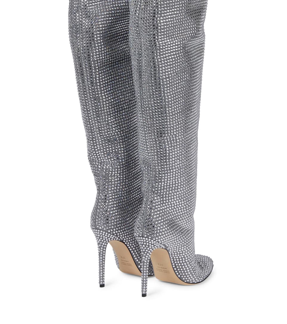 Crystal Rhinestone Silver Metallic Embellished Women's Over-the-Knee Thin Heel Boots