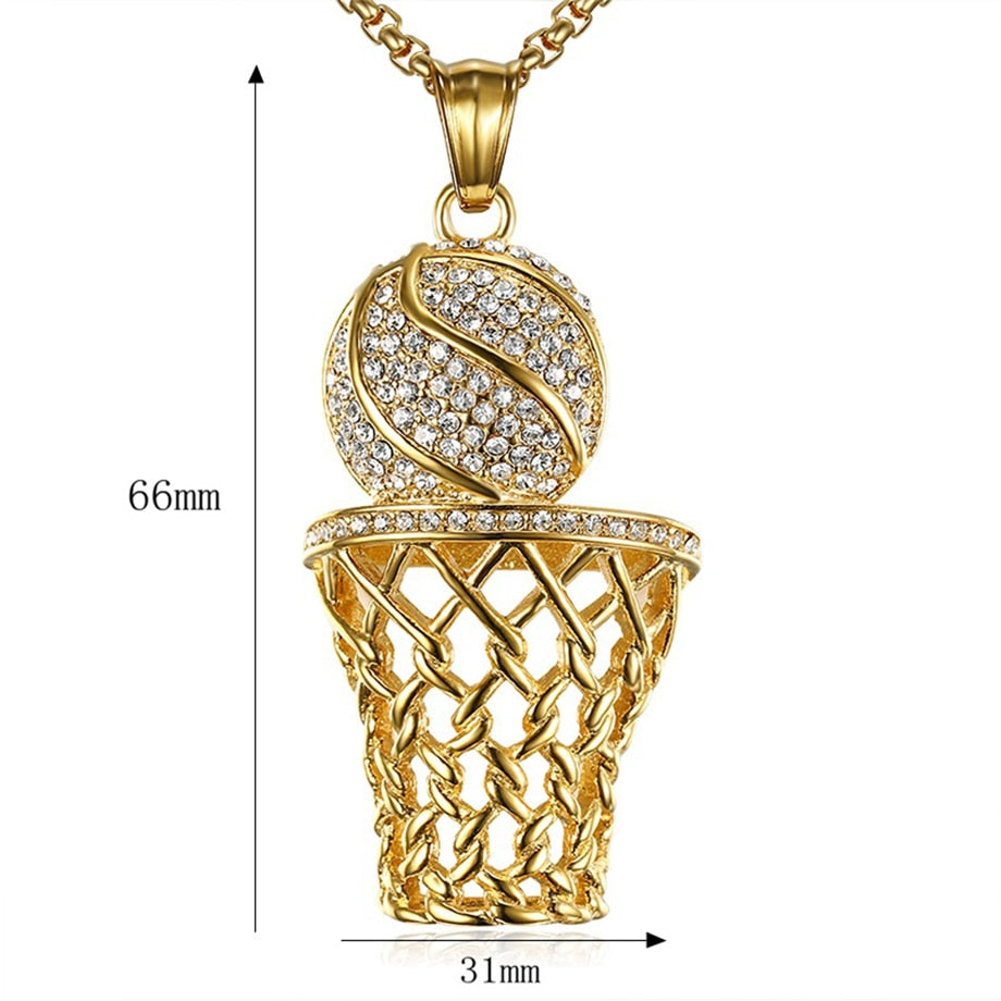 Iced Out Basketball w/Hoop Net Pendant Necklace Chain