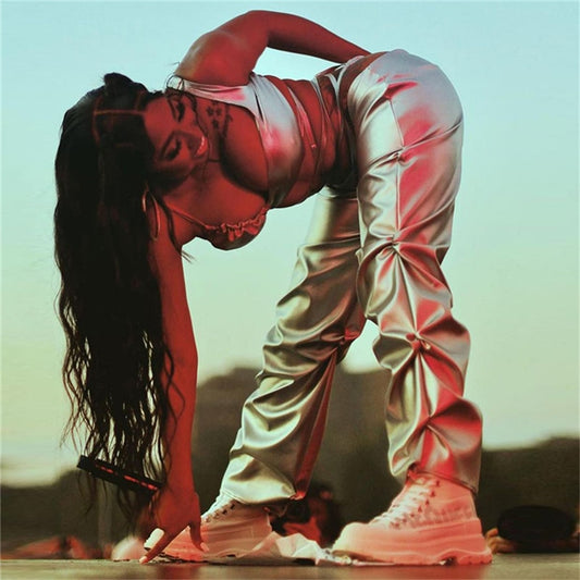 Faux Leather Stacked Ruched Metallic/Solid Color Women's Low Elastic Waist Pants