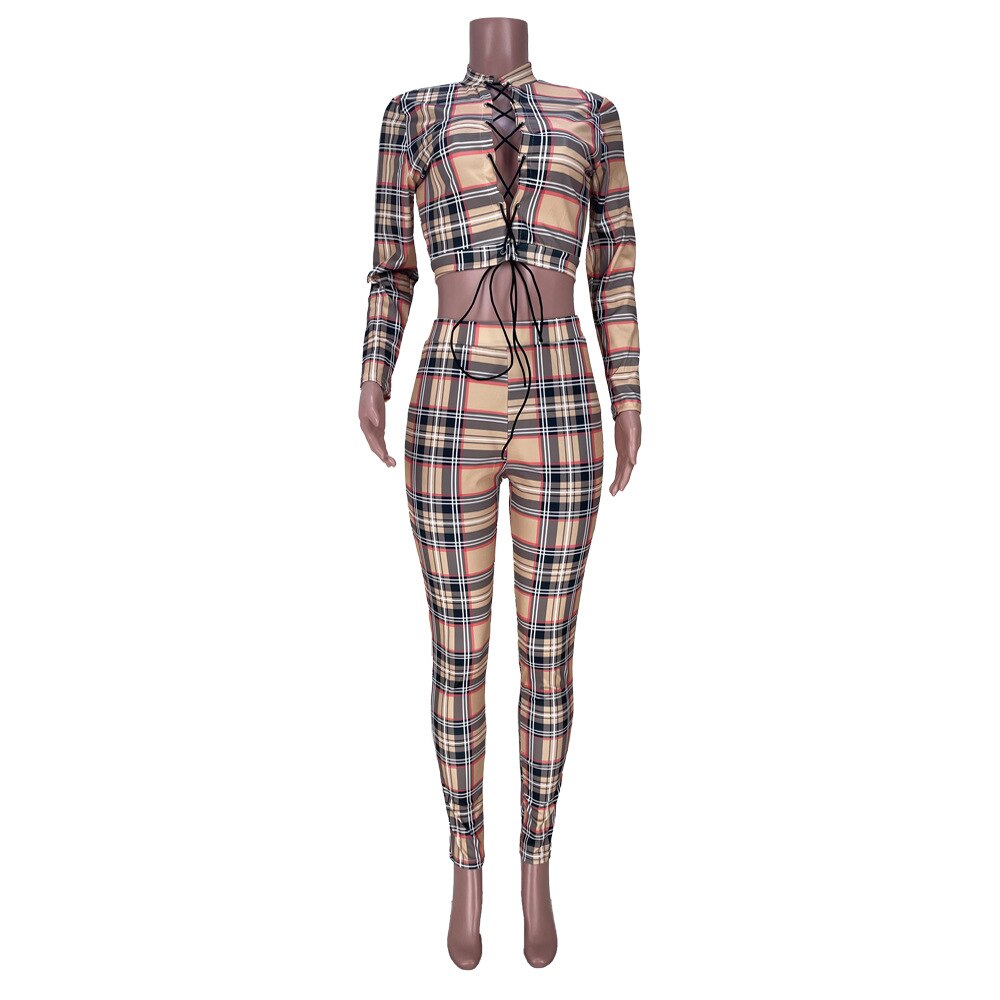 Plaid Print Lace-Up Long Sleeve Women's Eyelet Strap Crop Top Skin Tight Leggings Tracksuit